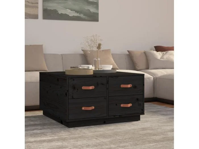 Couchtisch Beistelltisch Schwarz 80x80x45 cm Massivholz Kiefer -MN45482
