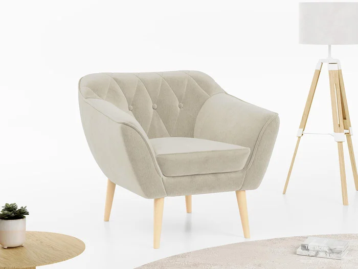 Sessel PIRS – 1-Sitzer, Skandinavisches Design, hoche Holzbeine – Beige Velvet