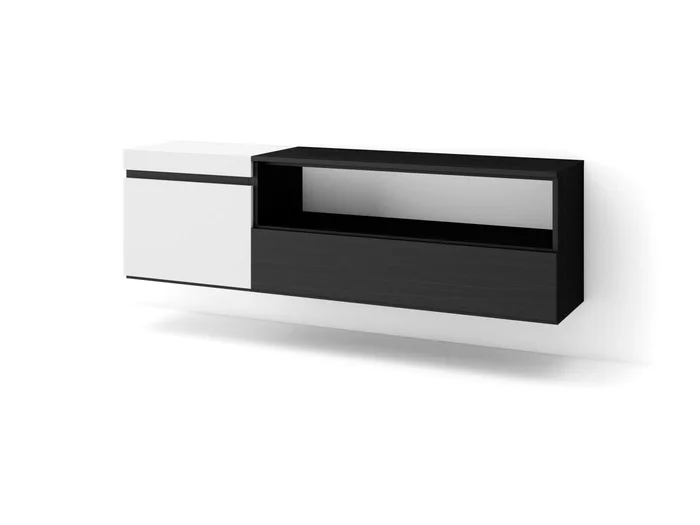 TV-Schrank, Lowboard, 150x35x45cm, Für TV-Geräte bis zu 65″, Hängend, Weiß und Schwarz
